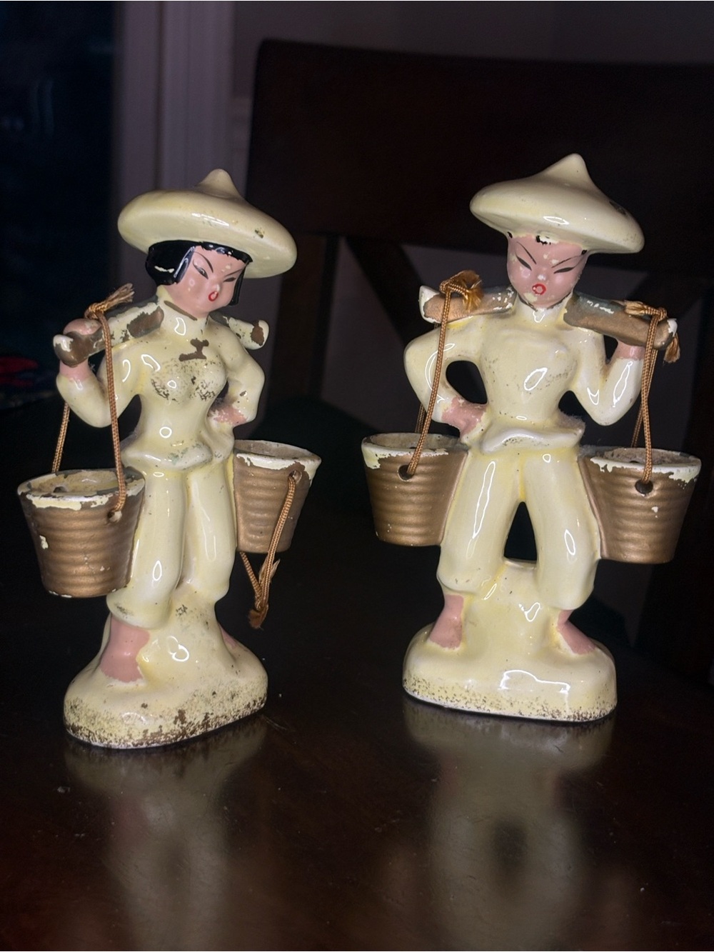 Vintage Ceramic Asian Farmer Figurine Pair in Pale Yellow